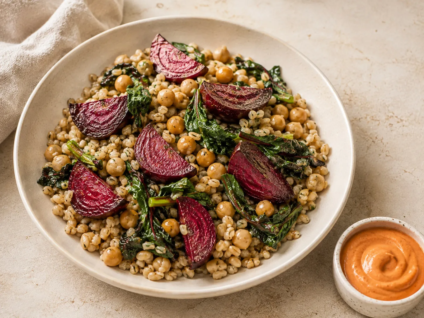 Avena en grano con acelga salteada, garbanzos y gajos de remolacha asada, con un cuenco de salsa de tahini y pimentón.