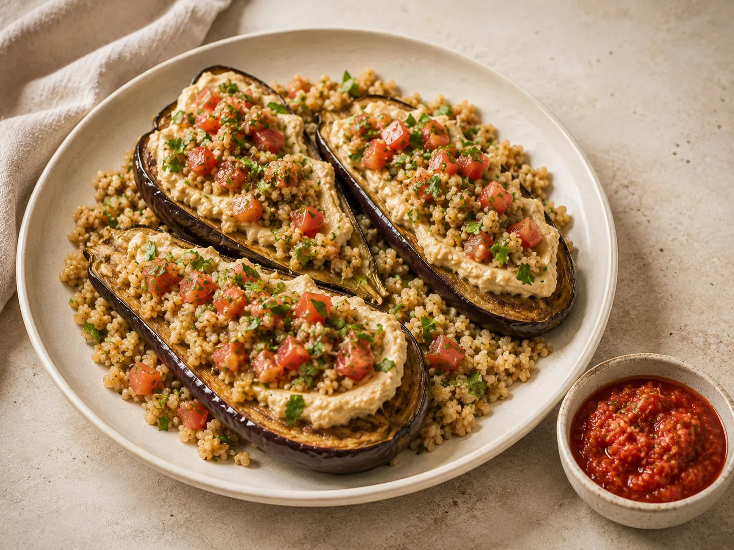 Medias berenjenas asadas cubiertas de hummus, bulgur y tomate en dados, con un cuenco de salsa de tomate.