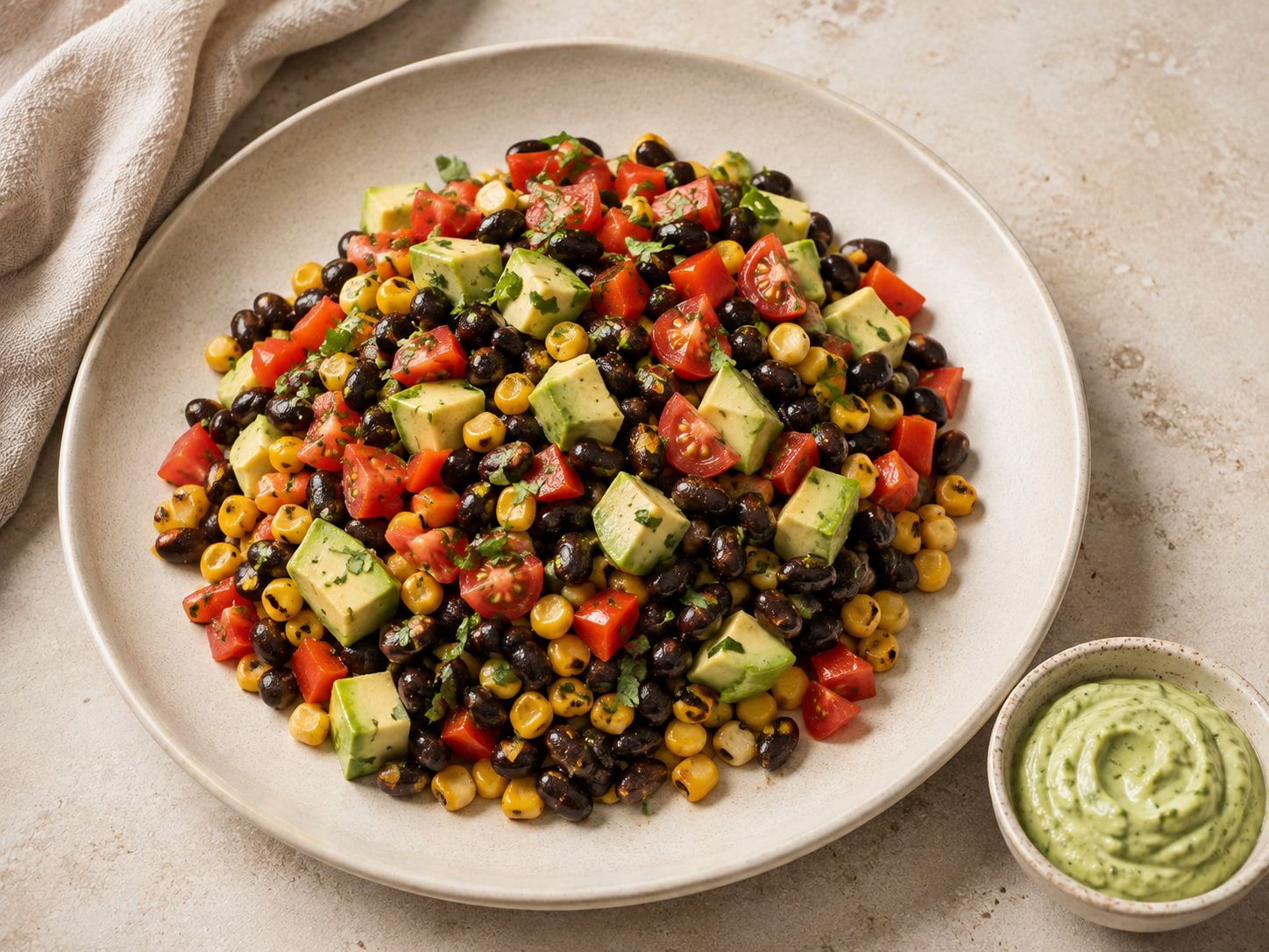 Bol de alubias negras con maíz, pimiento rojo, tomate y aguacate en dados, con un cuenco de crema verde de aguacate y lima.