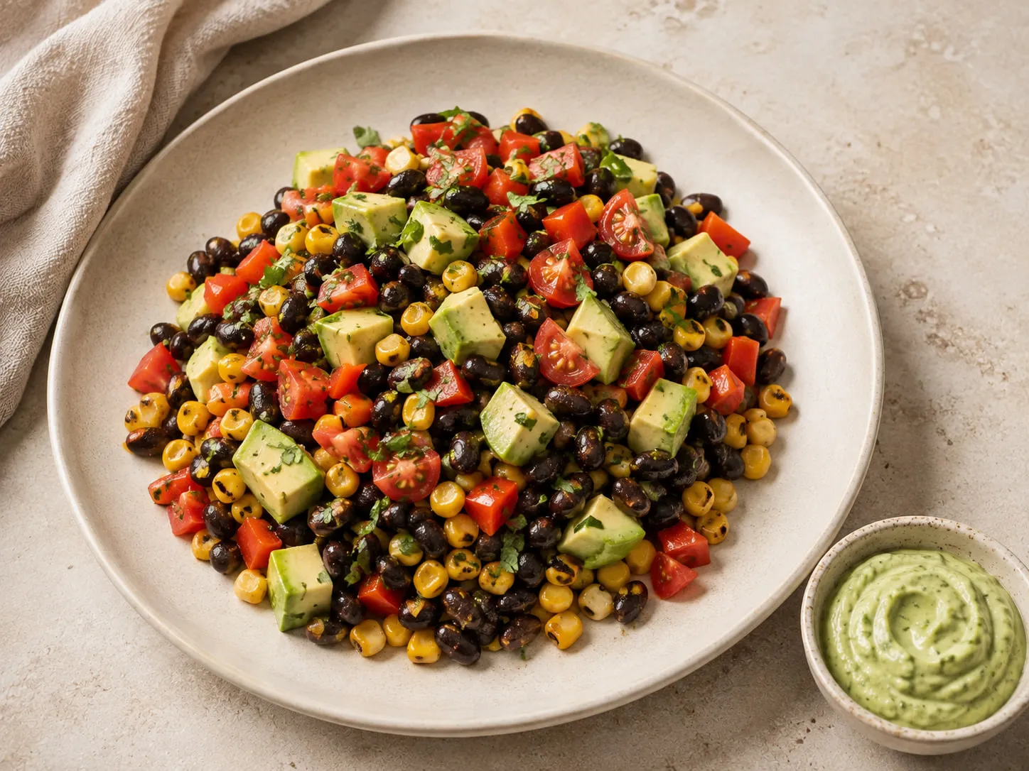 Bol de alubias negras con maíz, pimiento rojo, tomate y aguacate en dados, con un cuenco de crema verde de aguacate y lima.