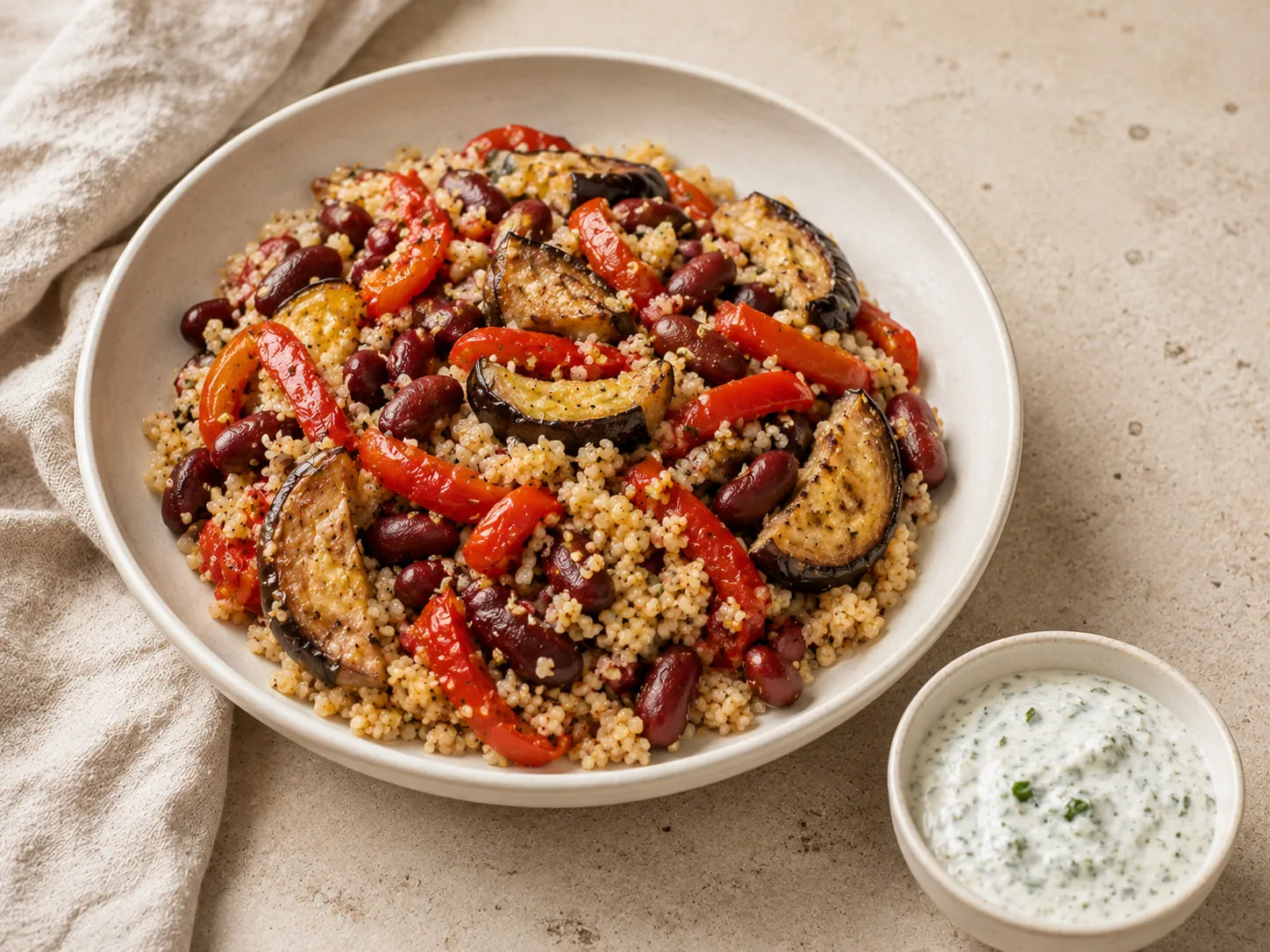 Bulgur con alubias rojas, pimiento rojo y berenjena asados, con un cuenco de salsa de yogur con menta.