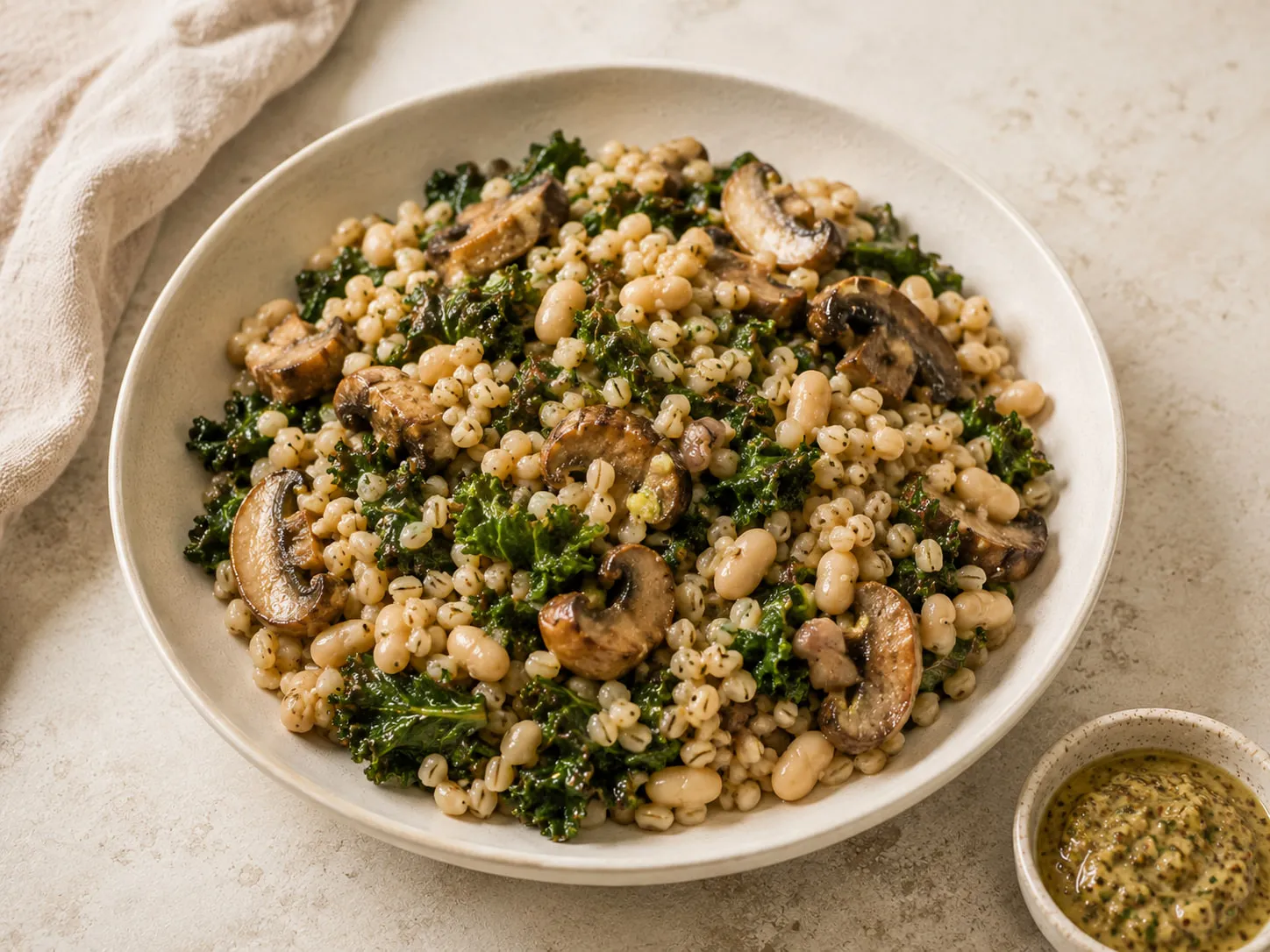 Cebada integral con champiñones guisados, kale y alubias blancas, con un cuenco de salsa de mostaza y hierbas.