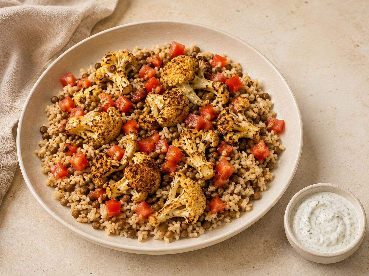 Coliflor asada al comino con lentejas y tomate en dados sobre arroz integral, con un cuenco de salsa de yogur.