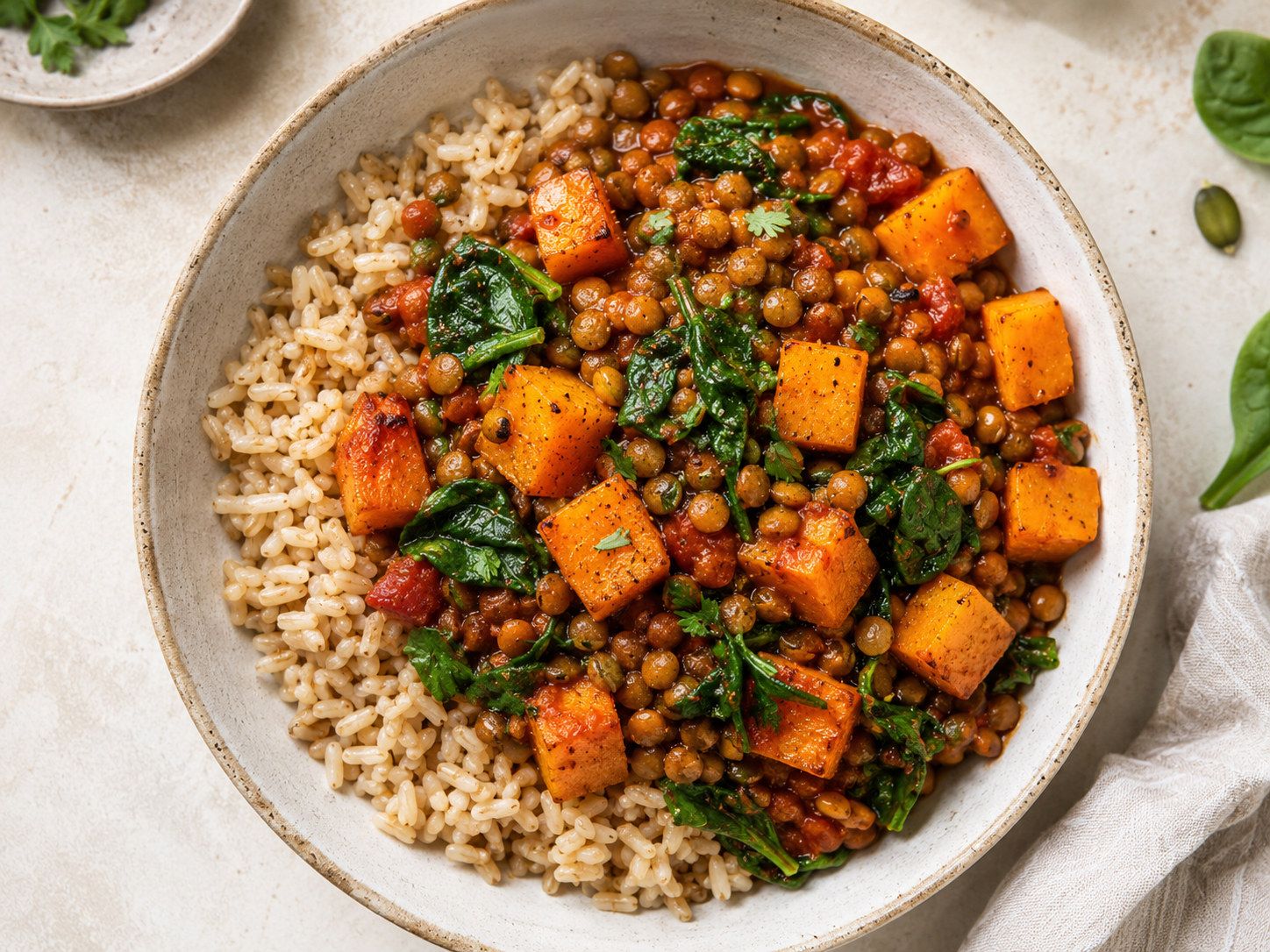 Lentejas guisadas con tomate, dados de calabaza asada y espinacas sobre arroz integral.