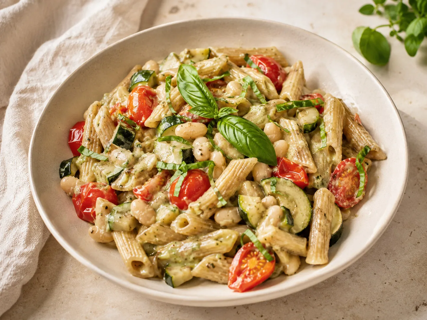 Pasta integral con alubias blancas, tomate, calabacín y hojas de albahaca fresca.