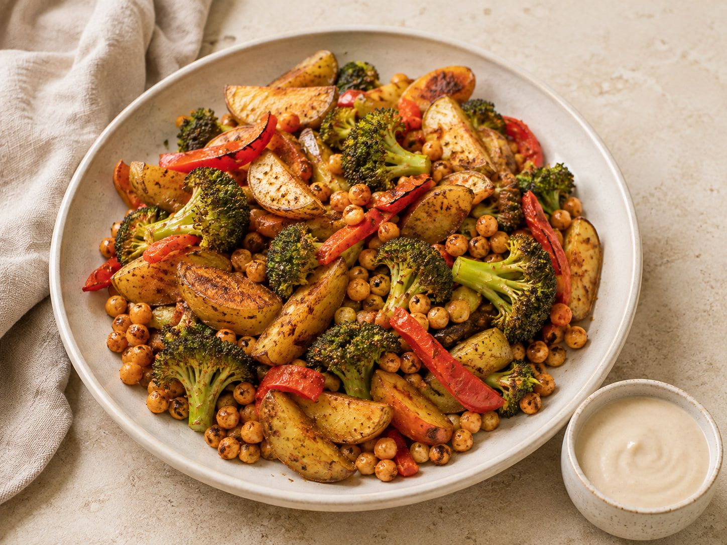 Plato de patatas asadas en gajos con garbanzos al pimentón, brócoli y tiras de pimiento rojo, con un cuenco de salsa de tahini.