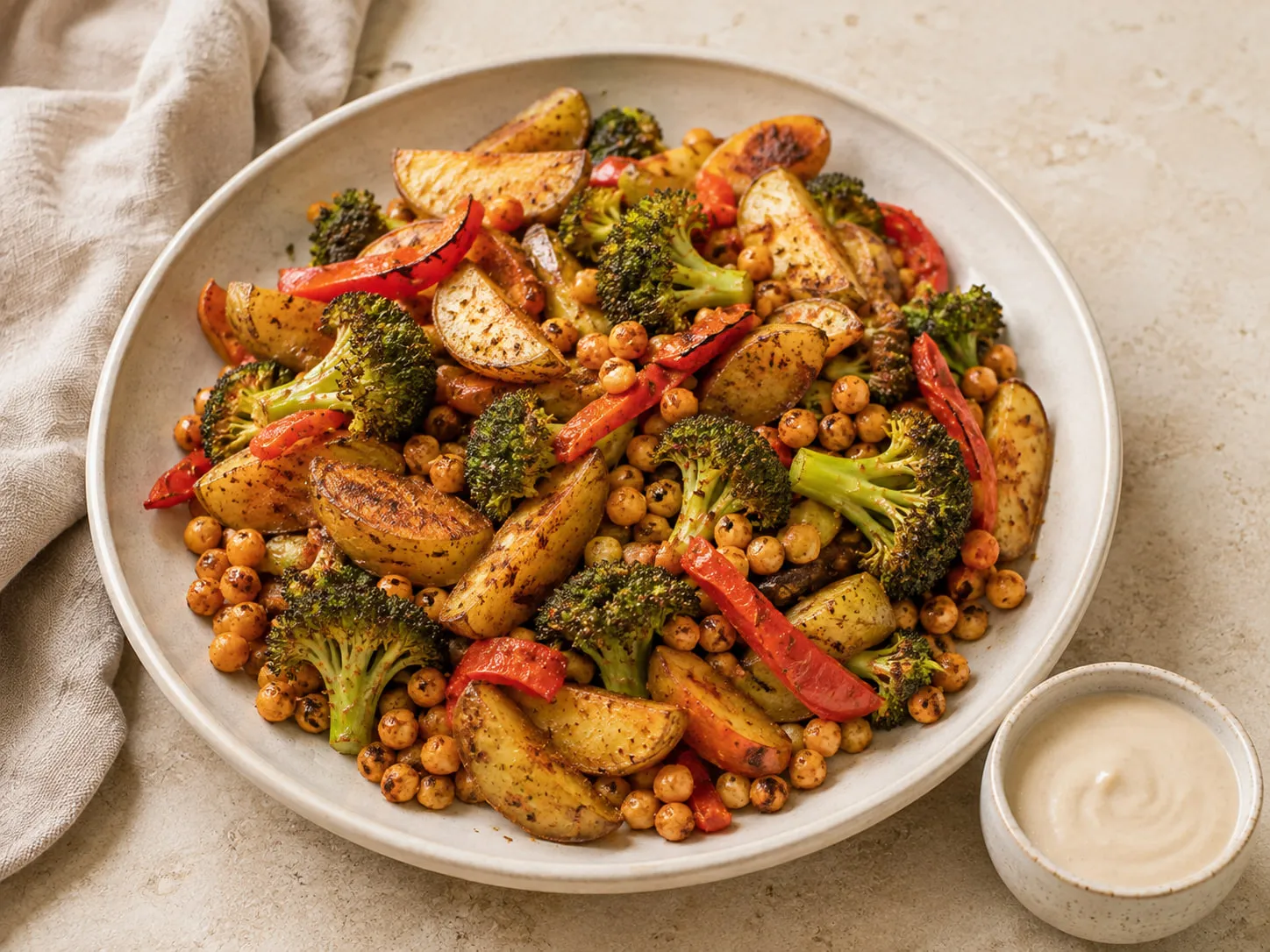 Plato de patatas asadas en gajos con garbanzos al pimentón, brócoli y tiras de pimiento rojo, con un cuenco de salsa de tahini.