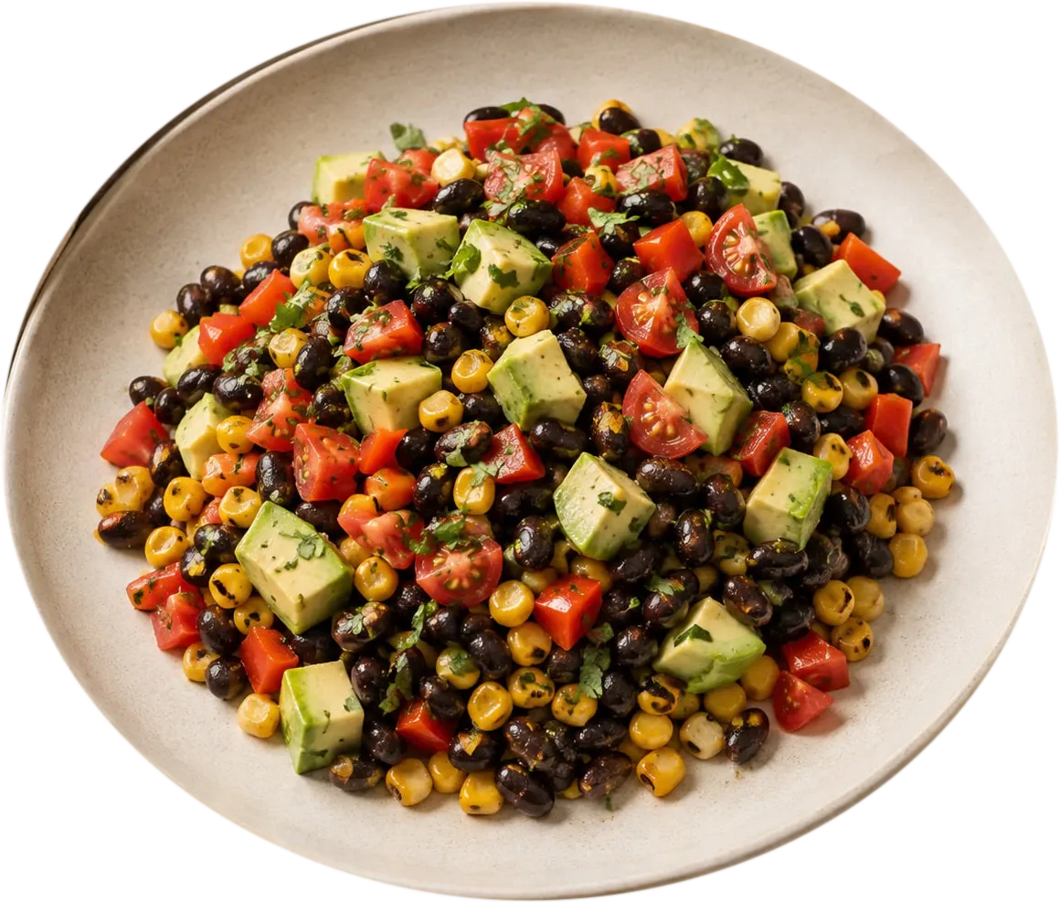 Bol de alubias negras con maíz, pimiento rojo, tomate y aguacate en dados, servido en un plato de cerámica clara.