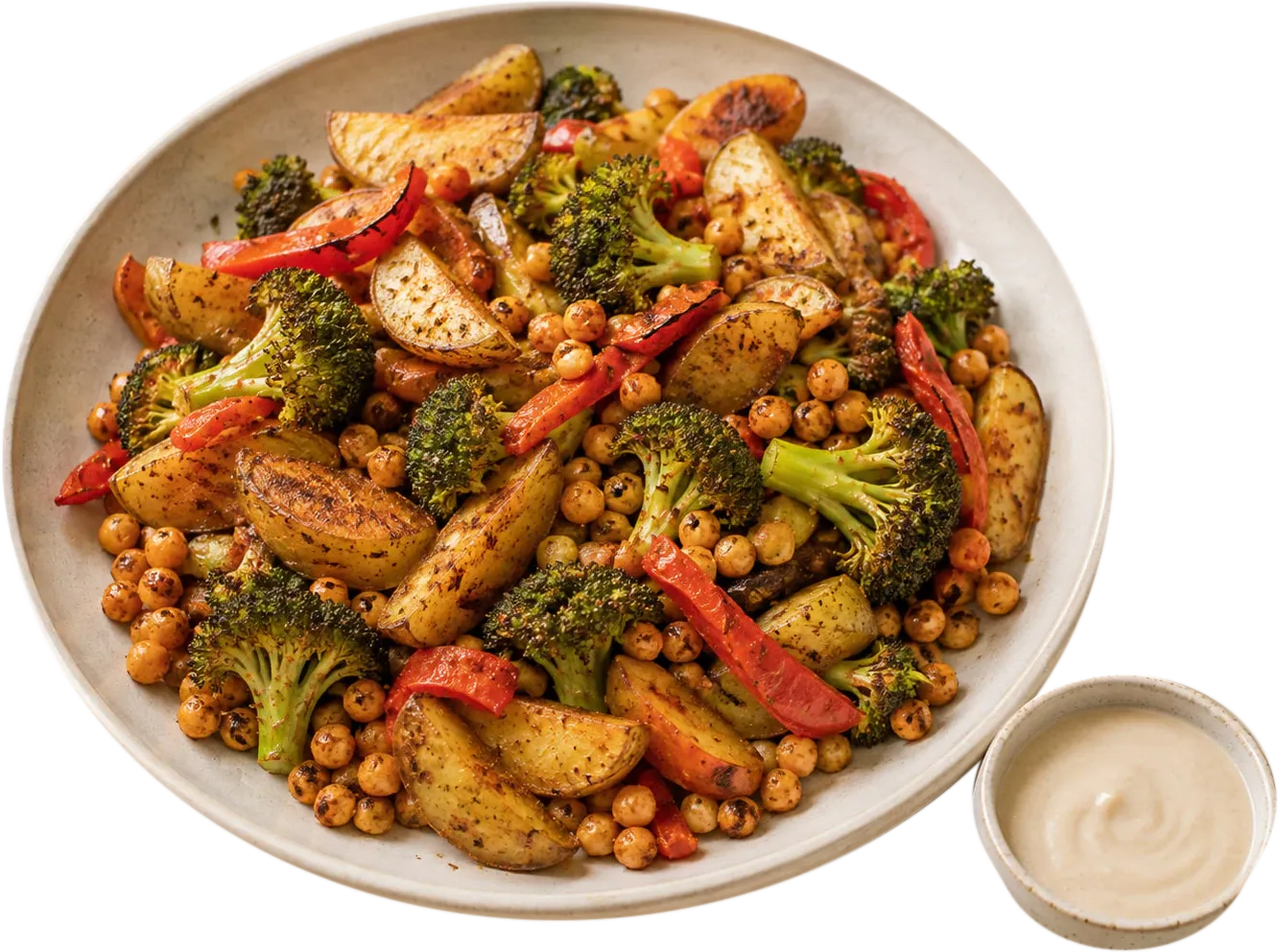 Plato de patatas asadas en gajos con garbanzos al pimentón, brócoli y tiras de pimiento rojo, con un cuenco de salsa de tahini.