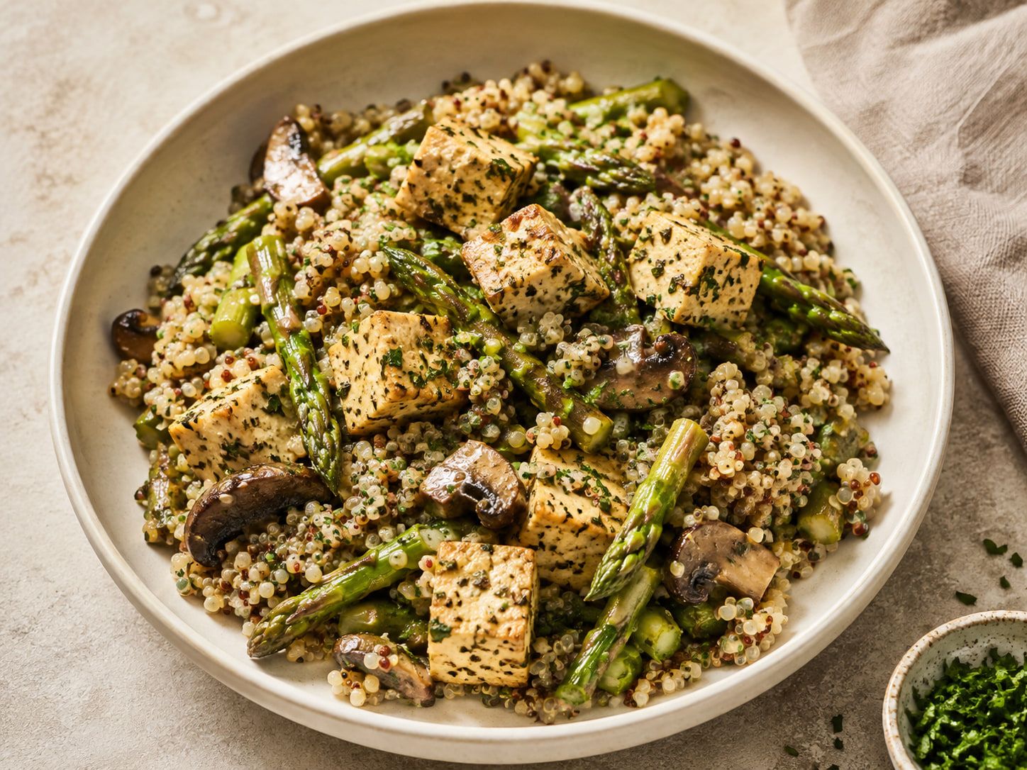 Plato de quinoa con dados de tofu dorado, espárragos verdes y champiñones salteados.