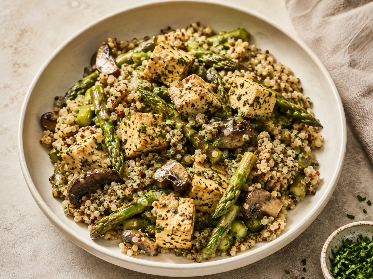 Plato de quinoa con dados de tofu dorado, espárragos verdes y champiñones salteados.
