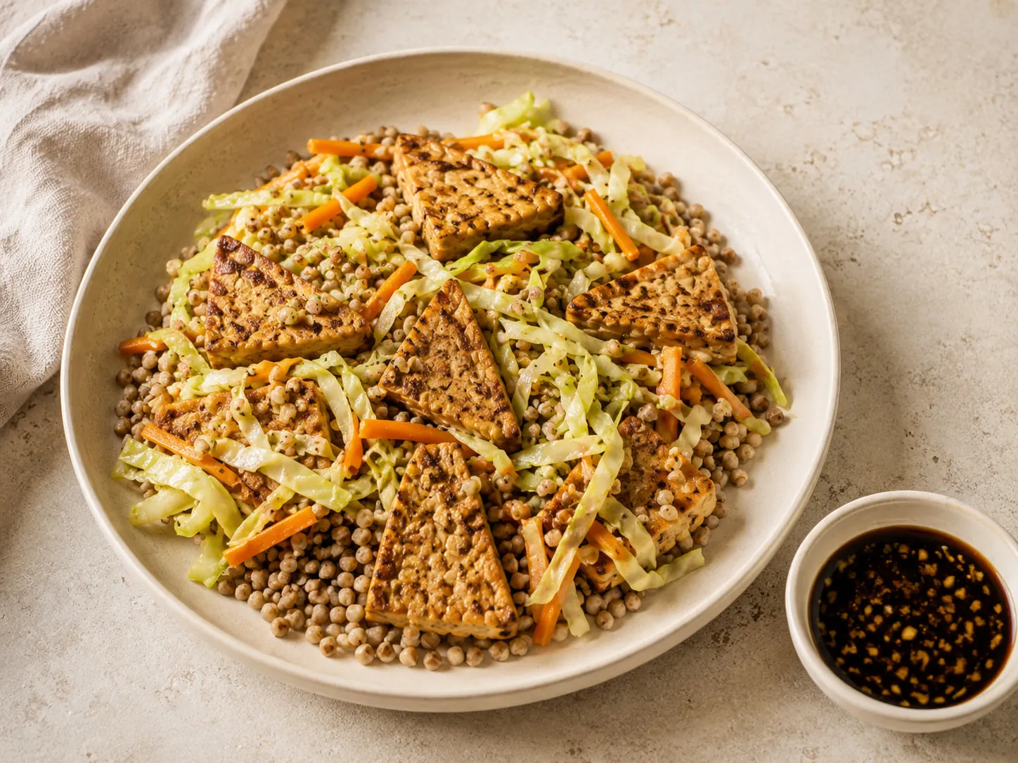 Láminas de tempeh salteado con col y zanahoria sobre trigo sarraceno, con un cuenco de salsa de soja oscura.