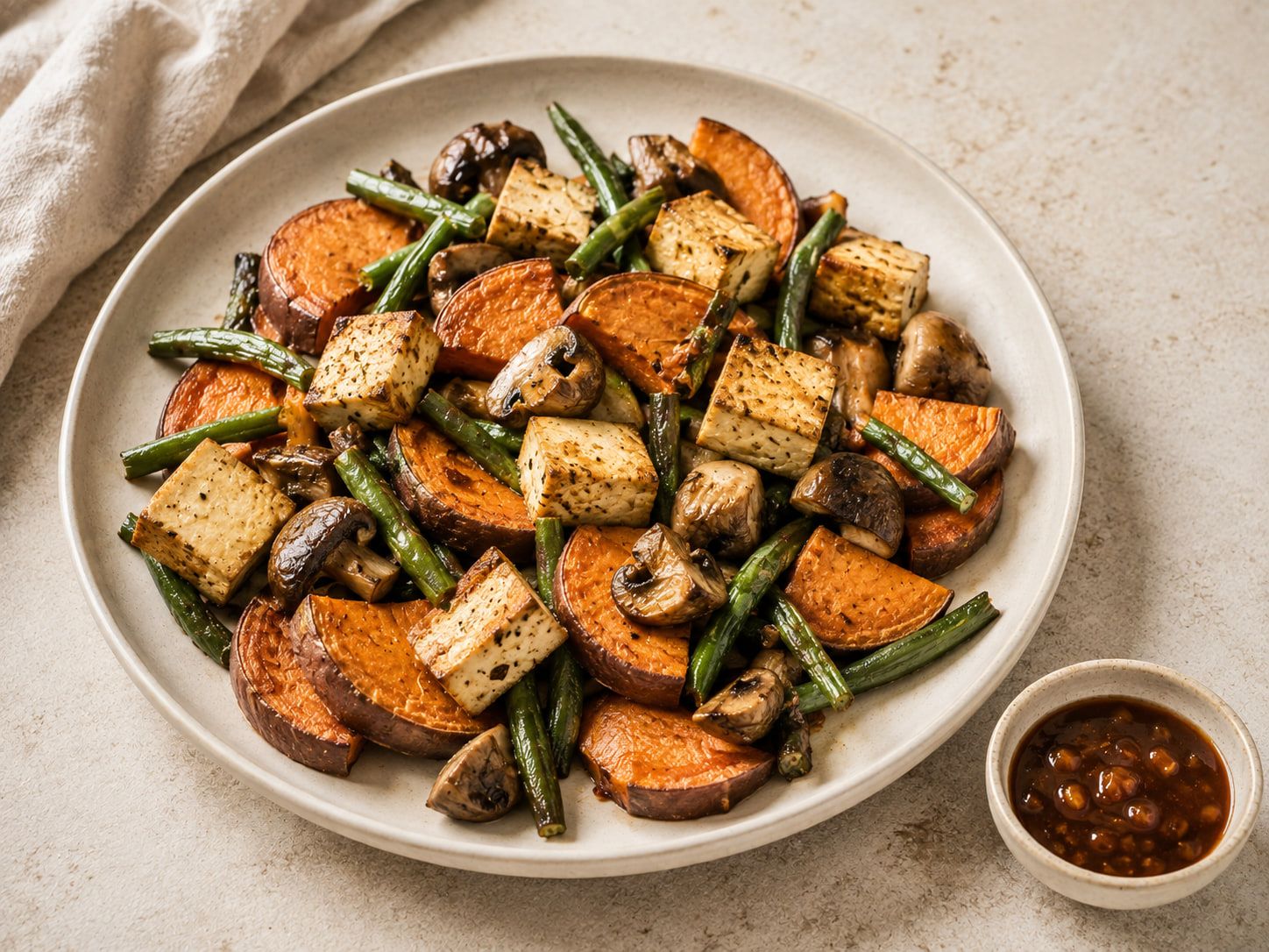 Dados de tofu dorado con boniato asado, judías verdes y champiñones, con un cuenco de salsa de miso.
